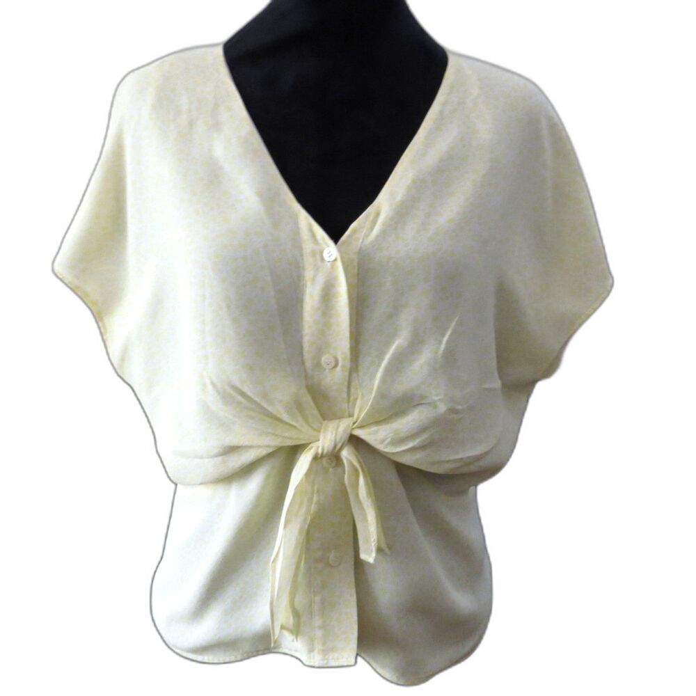 Anne Klein Vintage 90's 100% Silk Tie Front Blouse Pale Yellow  Floral  10 EUC